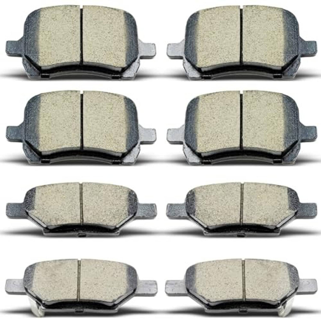 Ceramic brake pads set, six replacement pads arranged front and rear view