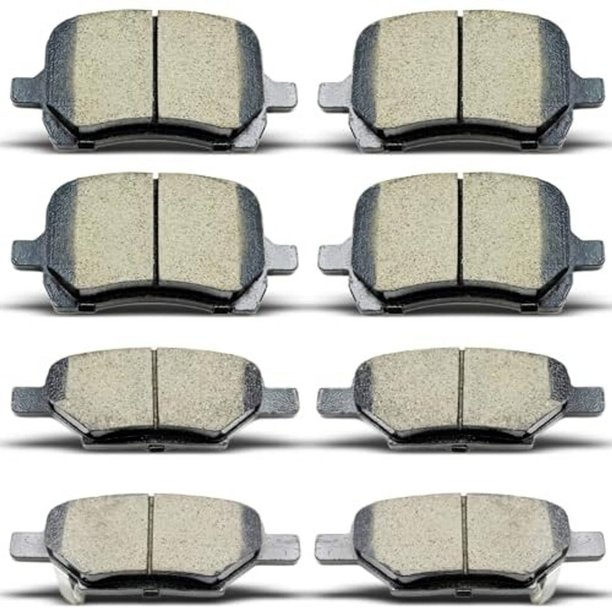 Ceramic brake pads set, six replacement pads arranged front and rear view