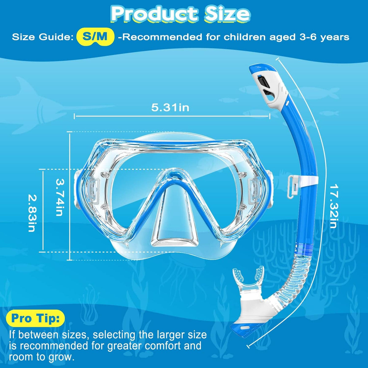 Kids snorkeling mask and snorkel set, clear lens, blue tubing, S/M size