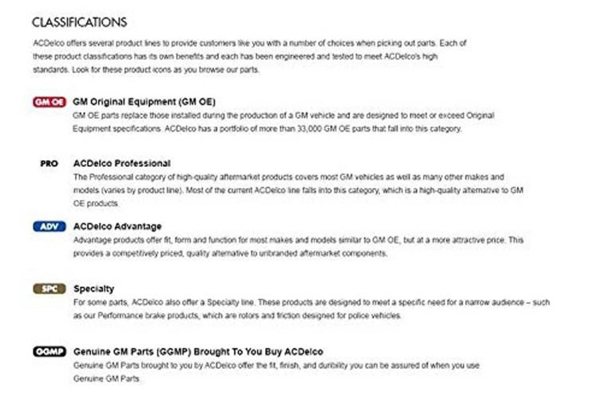 ACDelco classifications and product information page