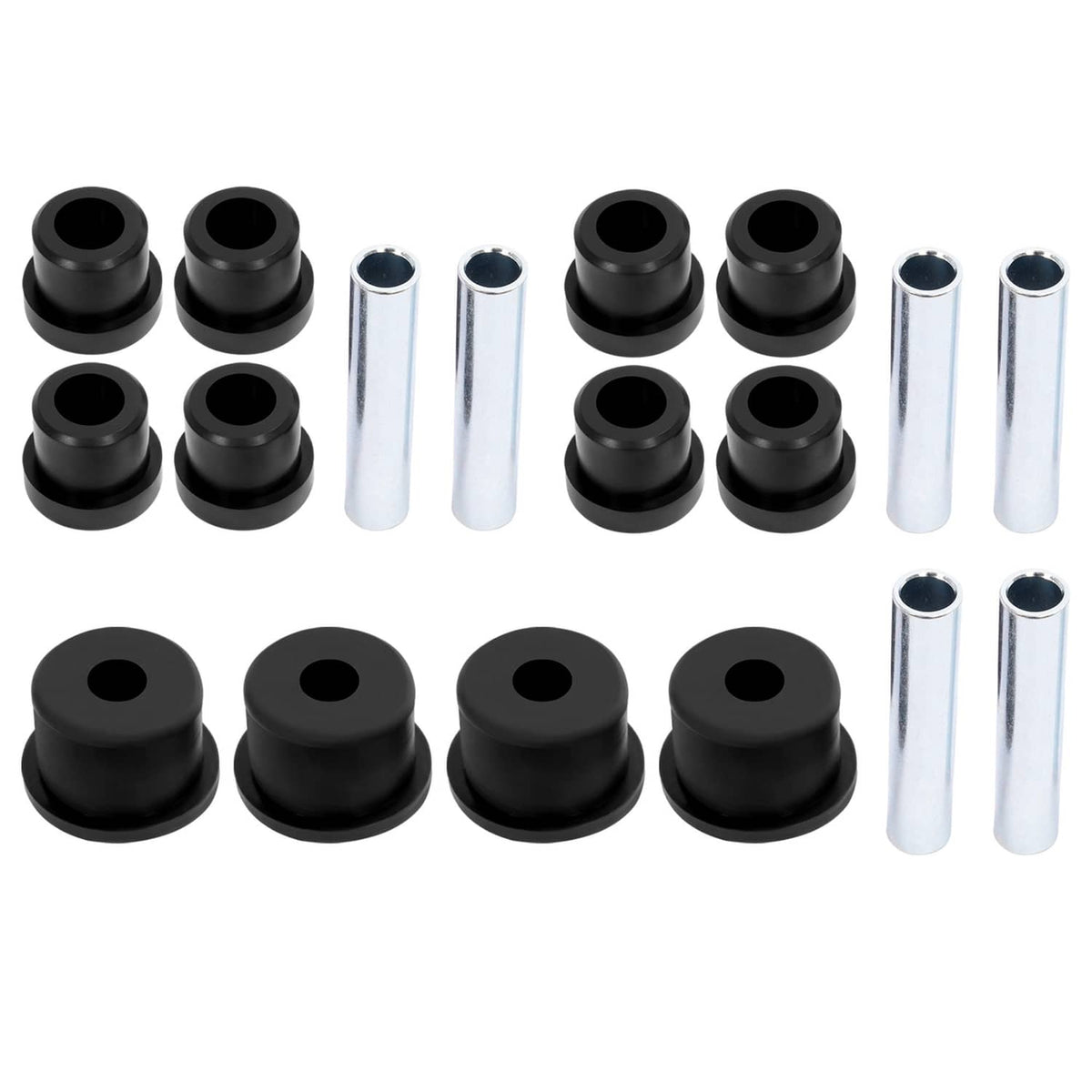 Rear leaf spring bushing kit with black bushings and silver metal sleeves (18 pcs)