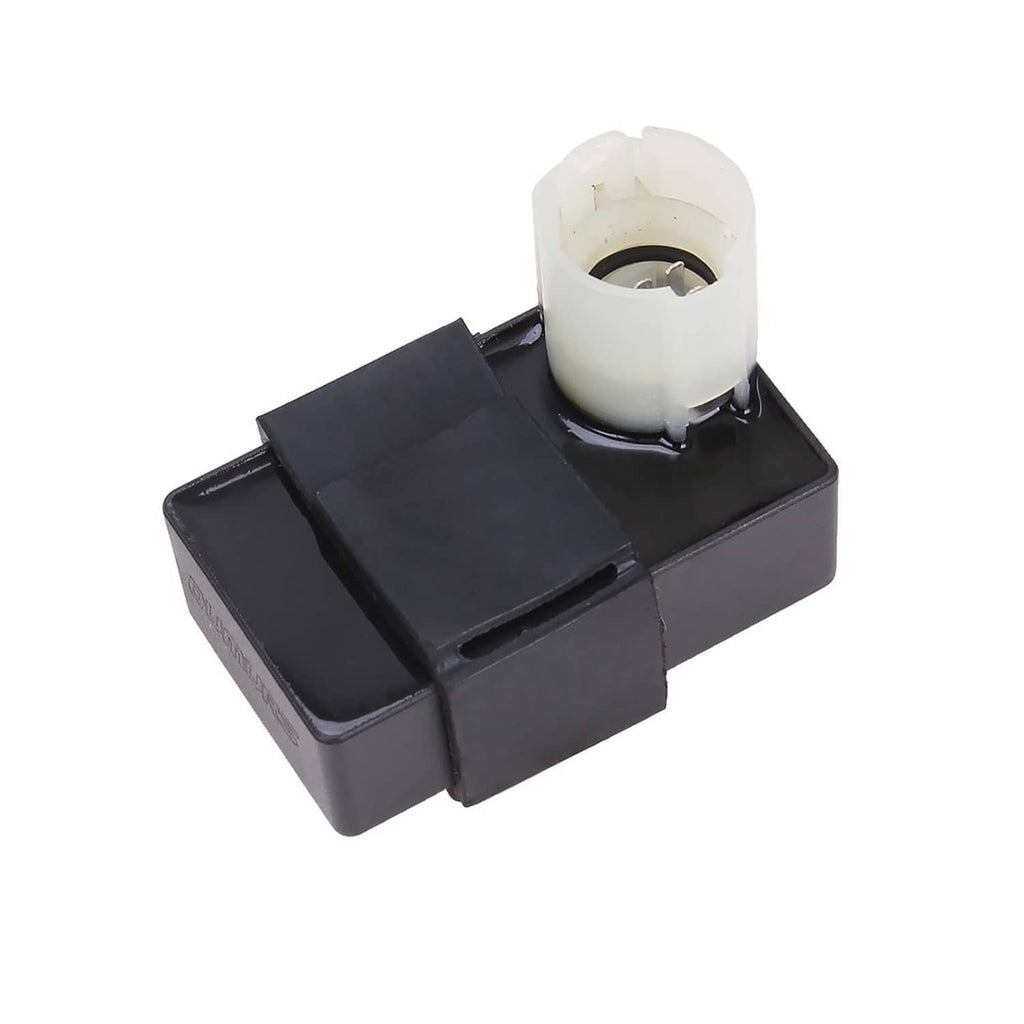 CDI box angled view with translucent white terminal and black plastic body