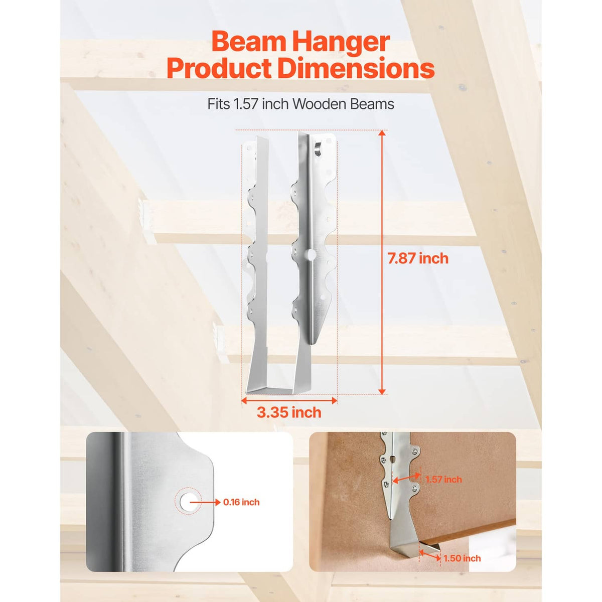 Steel beam hanger brackets shown with size overview for mounting to wooden beams
