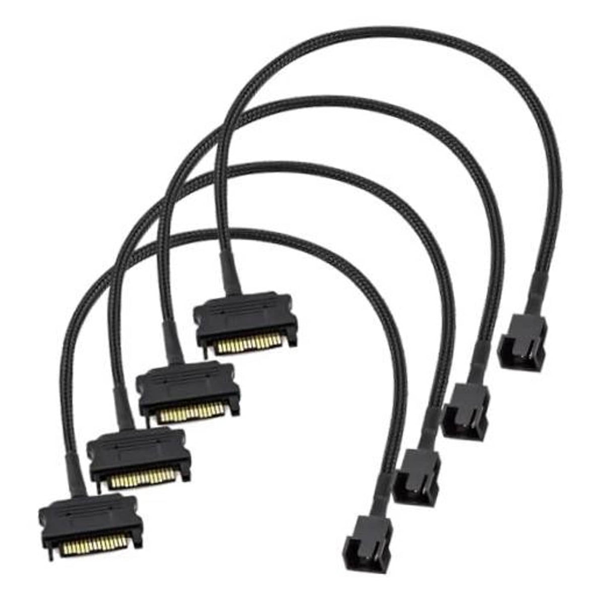 Fan power splitter cable set with SATA and 4-pin/3-pin connectors, black braided leads