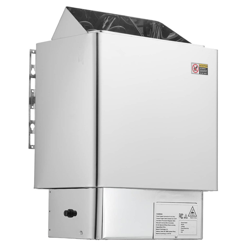 Stainless steel electric sauna heater front opening with warning label panel