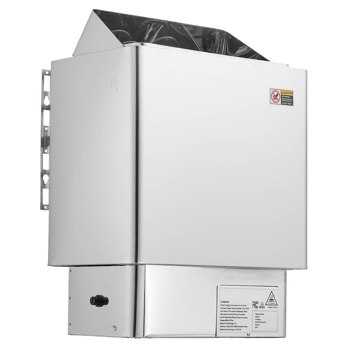 Stainless steel electric sauna heater front opening with warning label panel