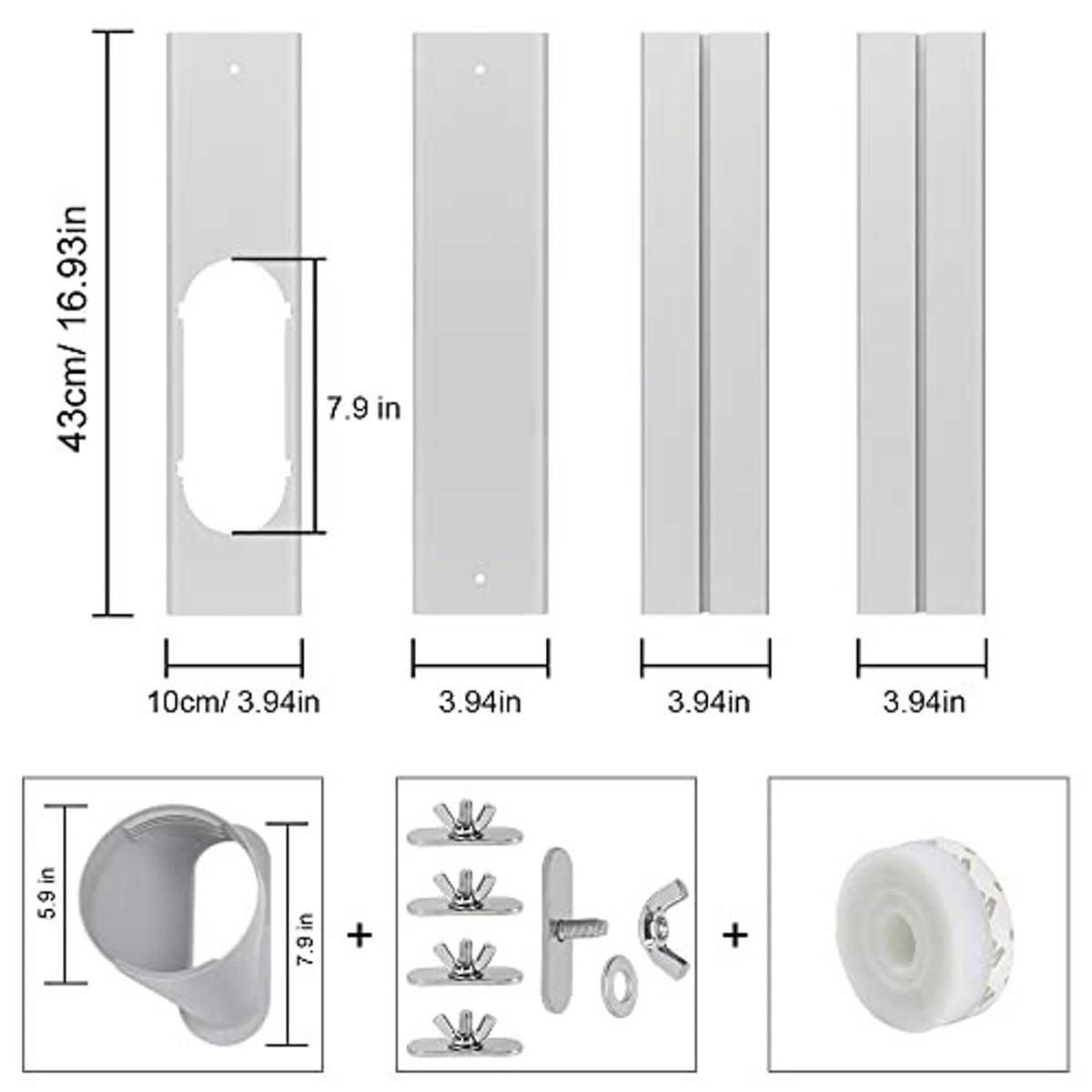 Window mounting plates with oval cutout, plus hose adapter collar for 5.9in hose