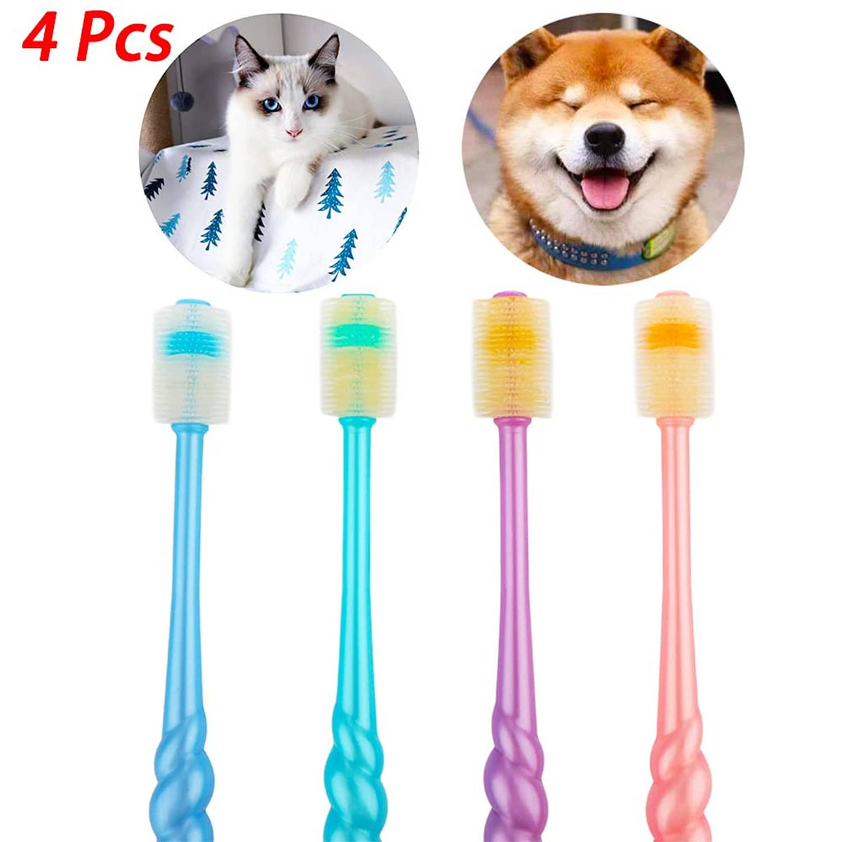 4-piece silicone pet toothbrush set, blue green purple pink brush handles