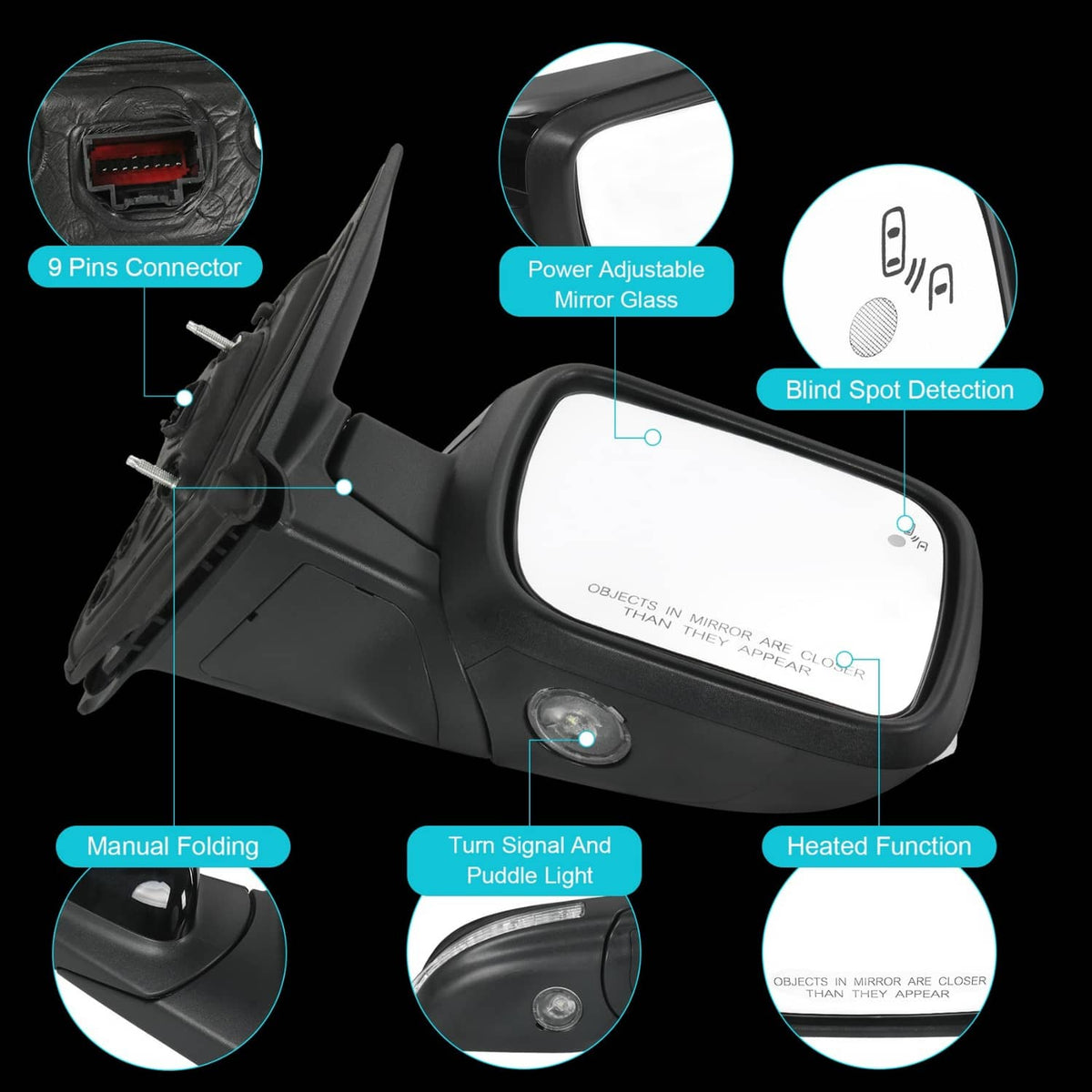 Right side power-adjustable heated mirror with blind-spot detection and puddle light