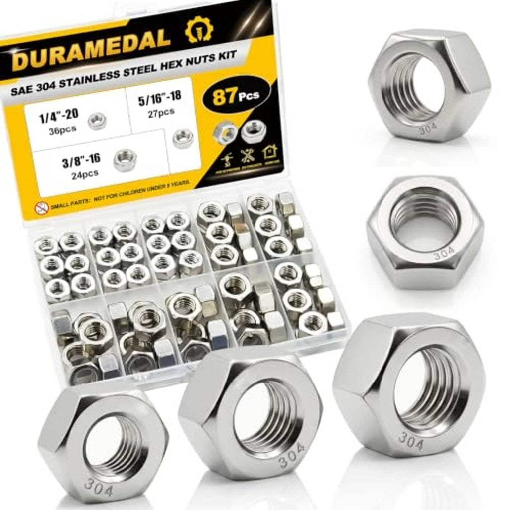 304 stainless steel SAE hex nuts kit, assorted shiny silver hex nuts in tray