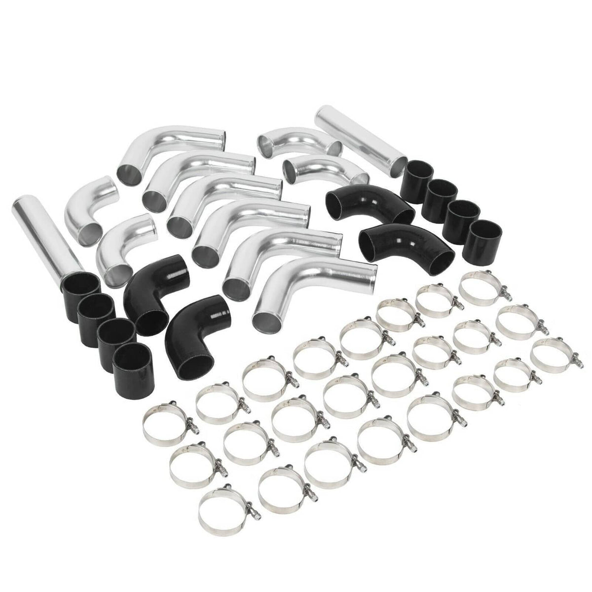 Intercooler piping kit set with curved silver aluminum pipes, black silicone couplers, and clamps
