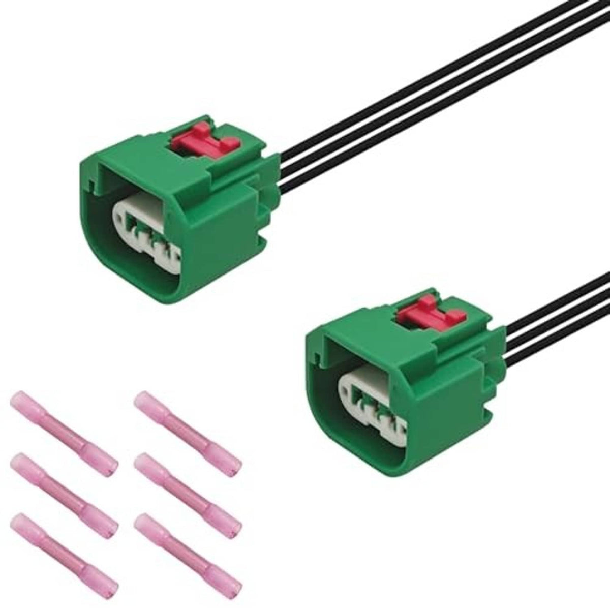 Green headlight connector plug with red latch and black wire leads, close-up view