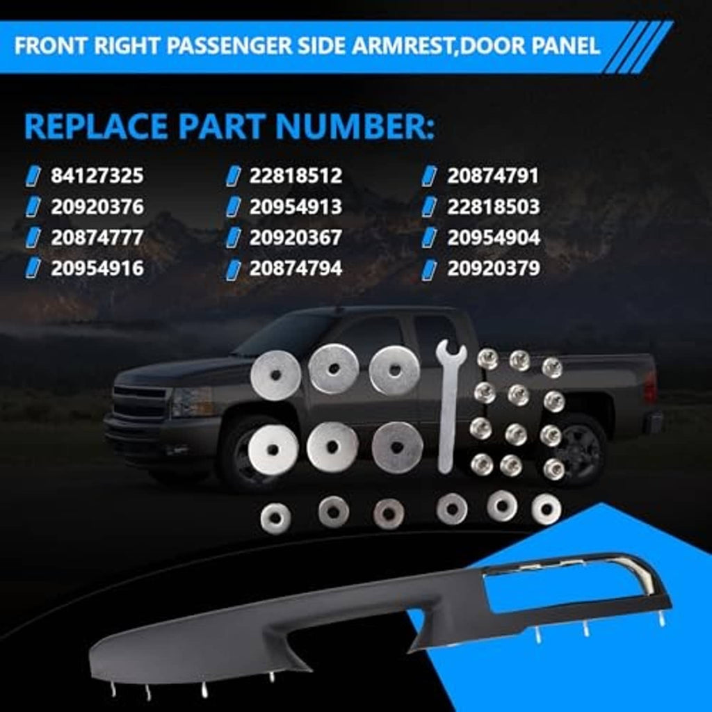 Door armrest panel kit with circular mounting caps, screws, and hex installation tool