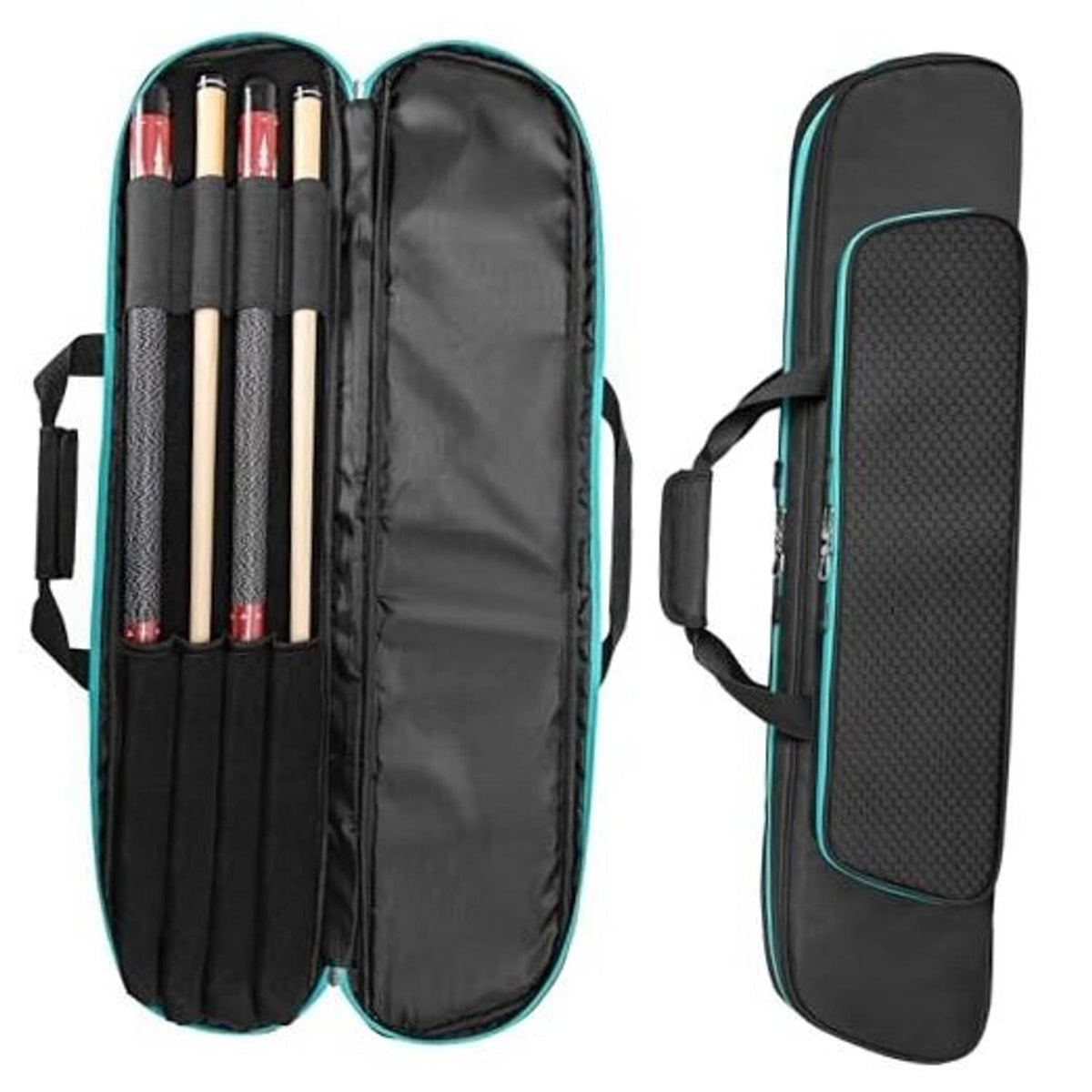 Soft pool cue case, black with teal trim, open interior sleeves for multiple cues