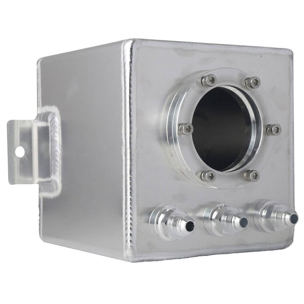 Aluminum fuel surge pot tank with round inlet flange and multiple side outlet ports