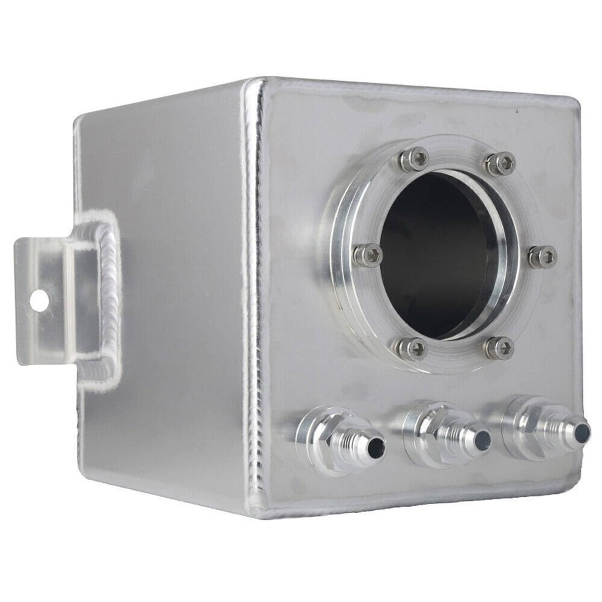 Aluminum fuel surge pot tank with round inlet flange and multiple side outlet ports