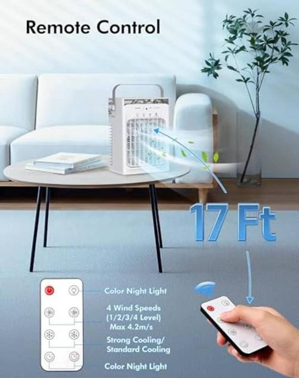 Gray mini air cooler with remote control and color night light