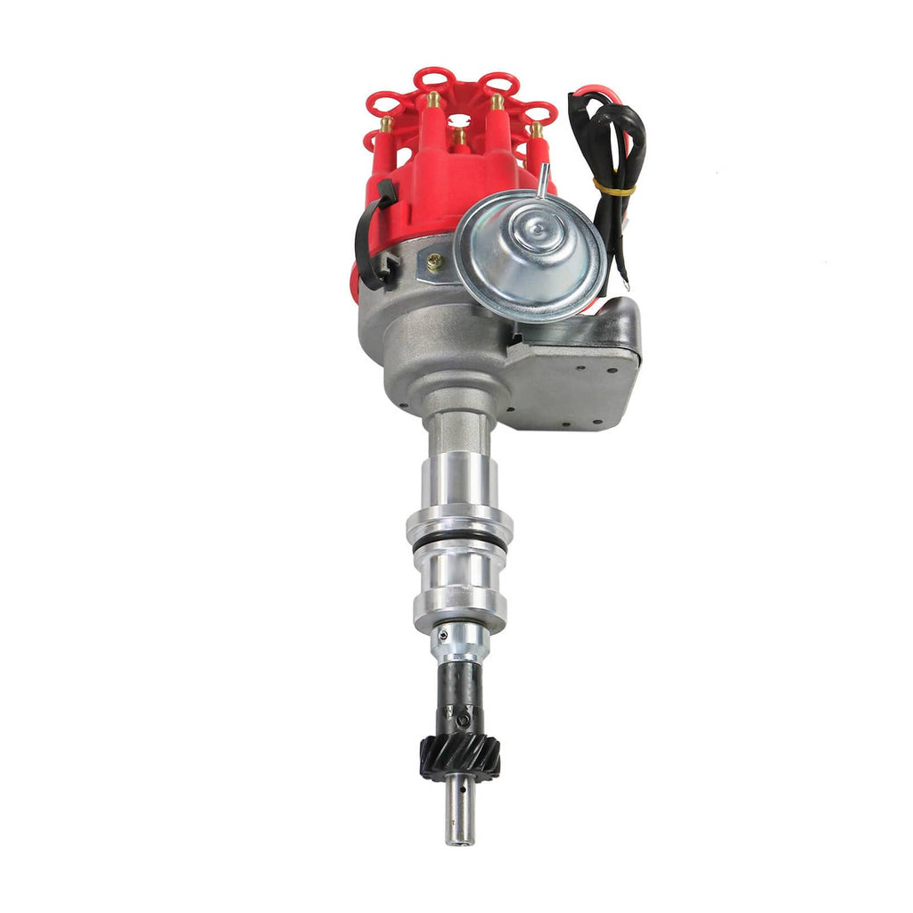 Front view of red and silver HEI distributor with spark plug wire leads