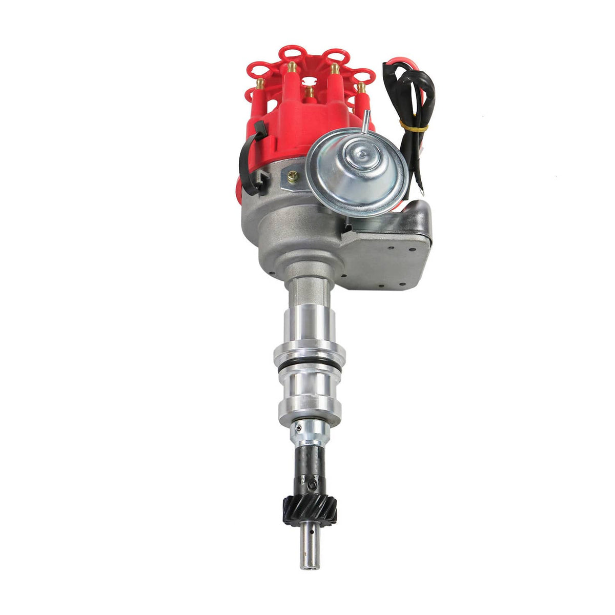 Front view of red and silver HEI distributor with spark plug wire leads