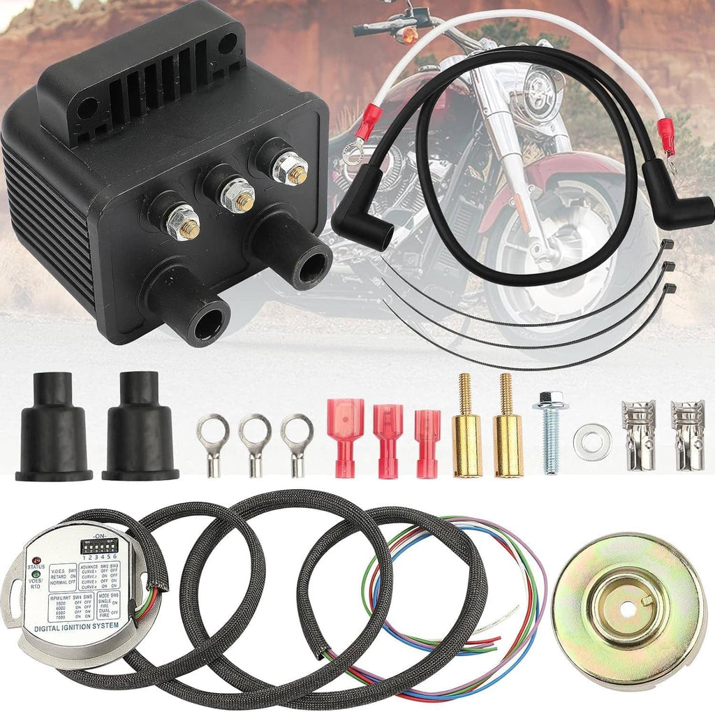 Programmable ignition kit with black control module, wiring harness, and red connectors.
