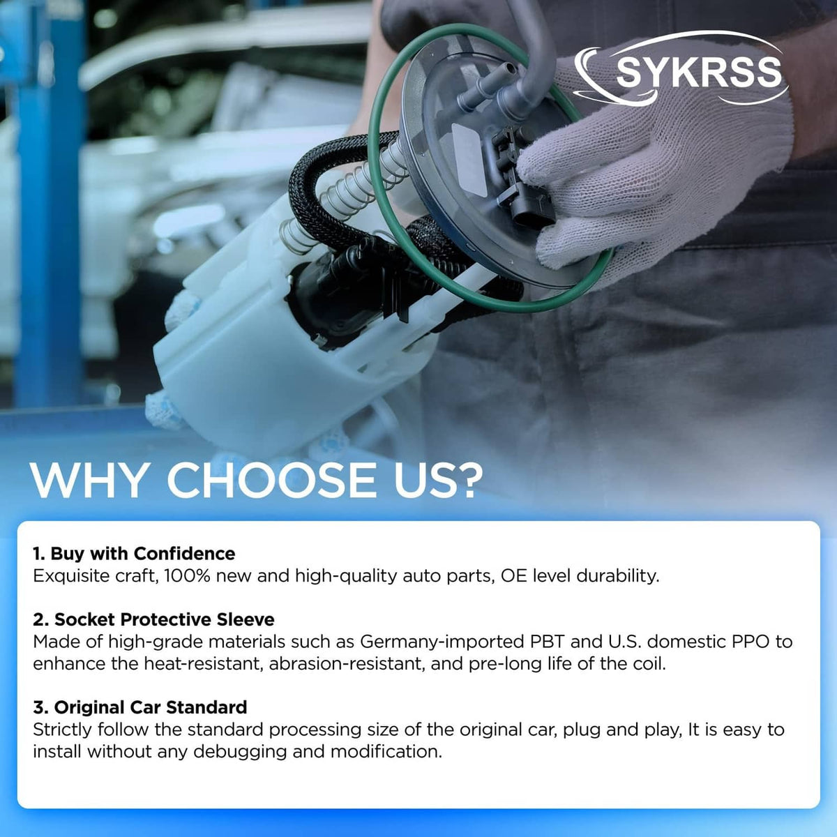 SYKRSS electric fuel pump assembly held in hand with green fuel line connector