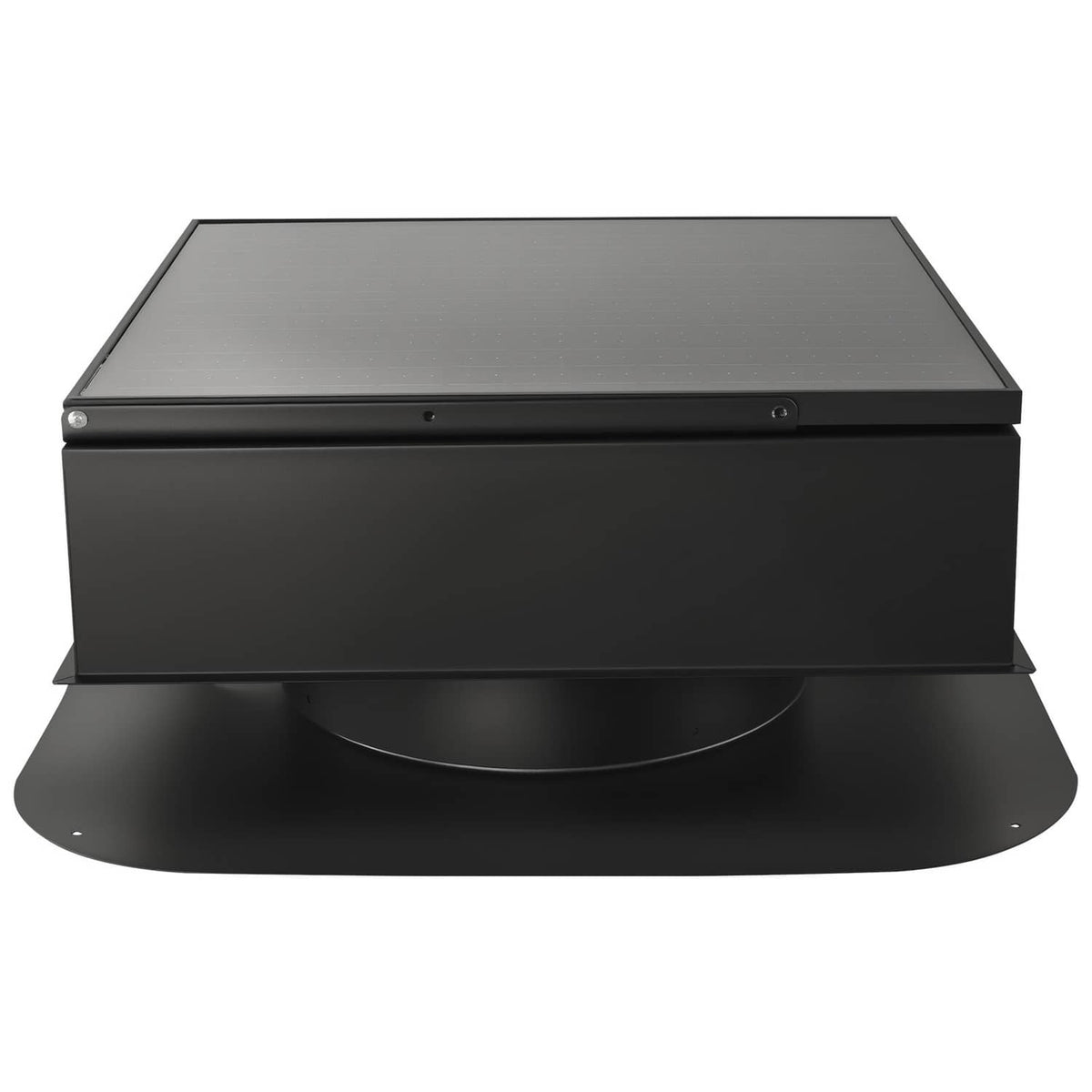 Solar roof attic exhaust fan front view with dark base and gray solar panel lid