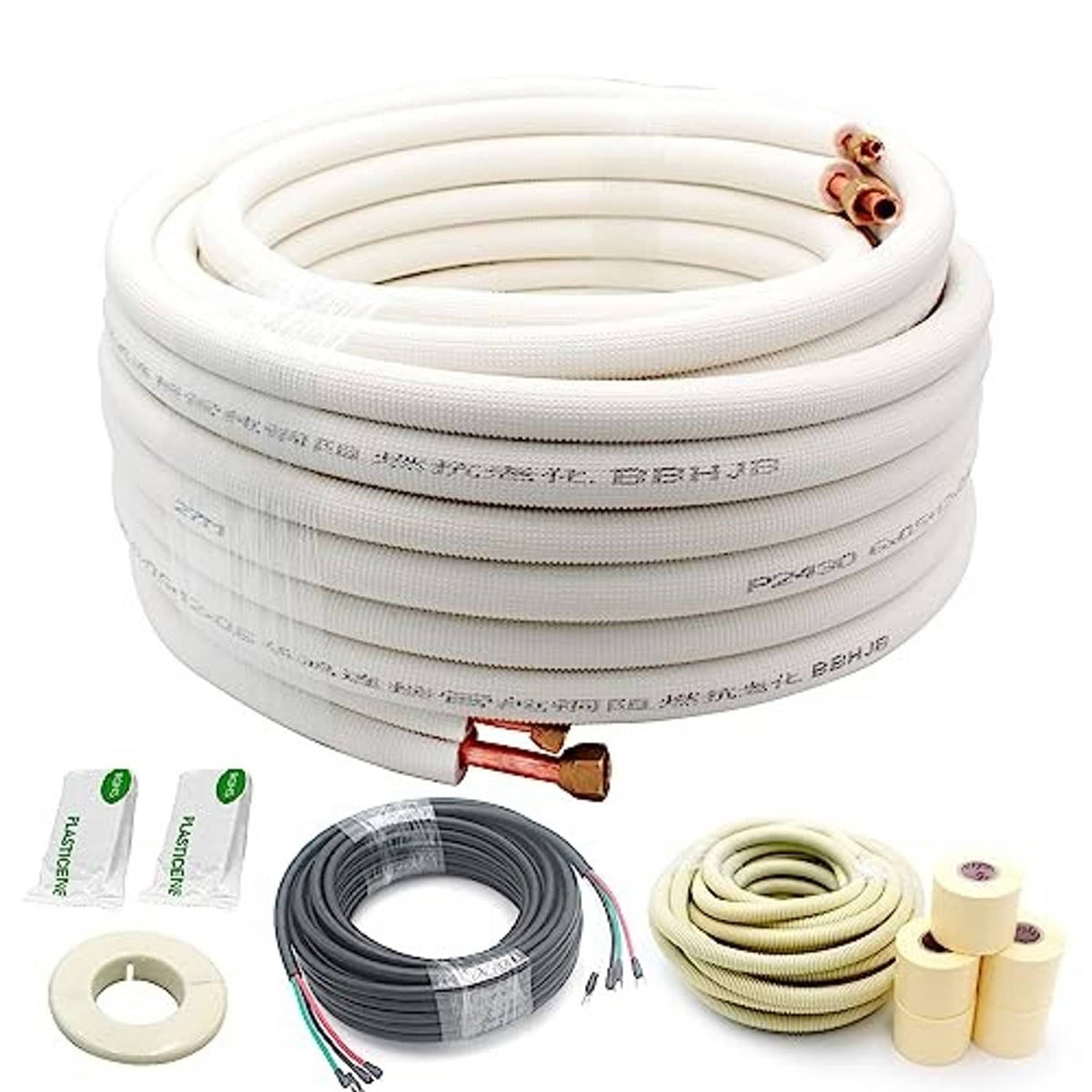 Mini split line set kit with coiled white insulated tubing, copper ends, and wire