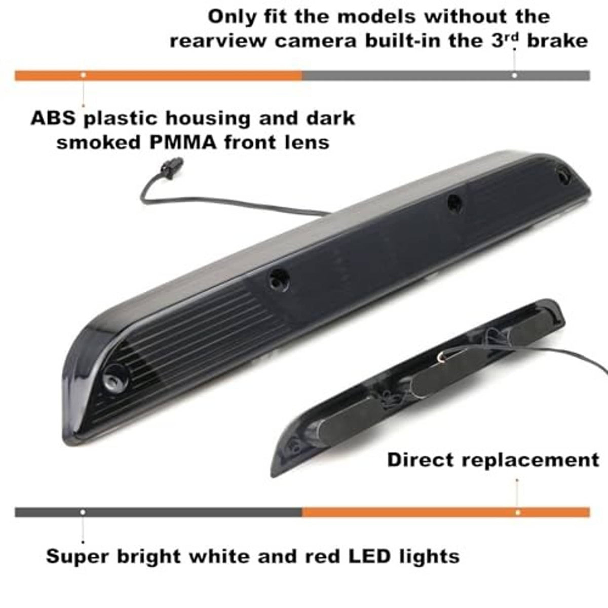Dark smoked lens ABS LED third brake light housing with direct-replacement wiring