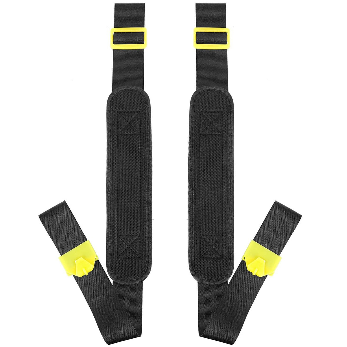 Pair of black backpack sprayer replacement straps with yellow adjustment buckles