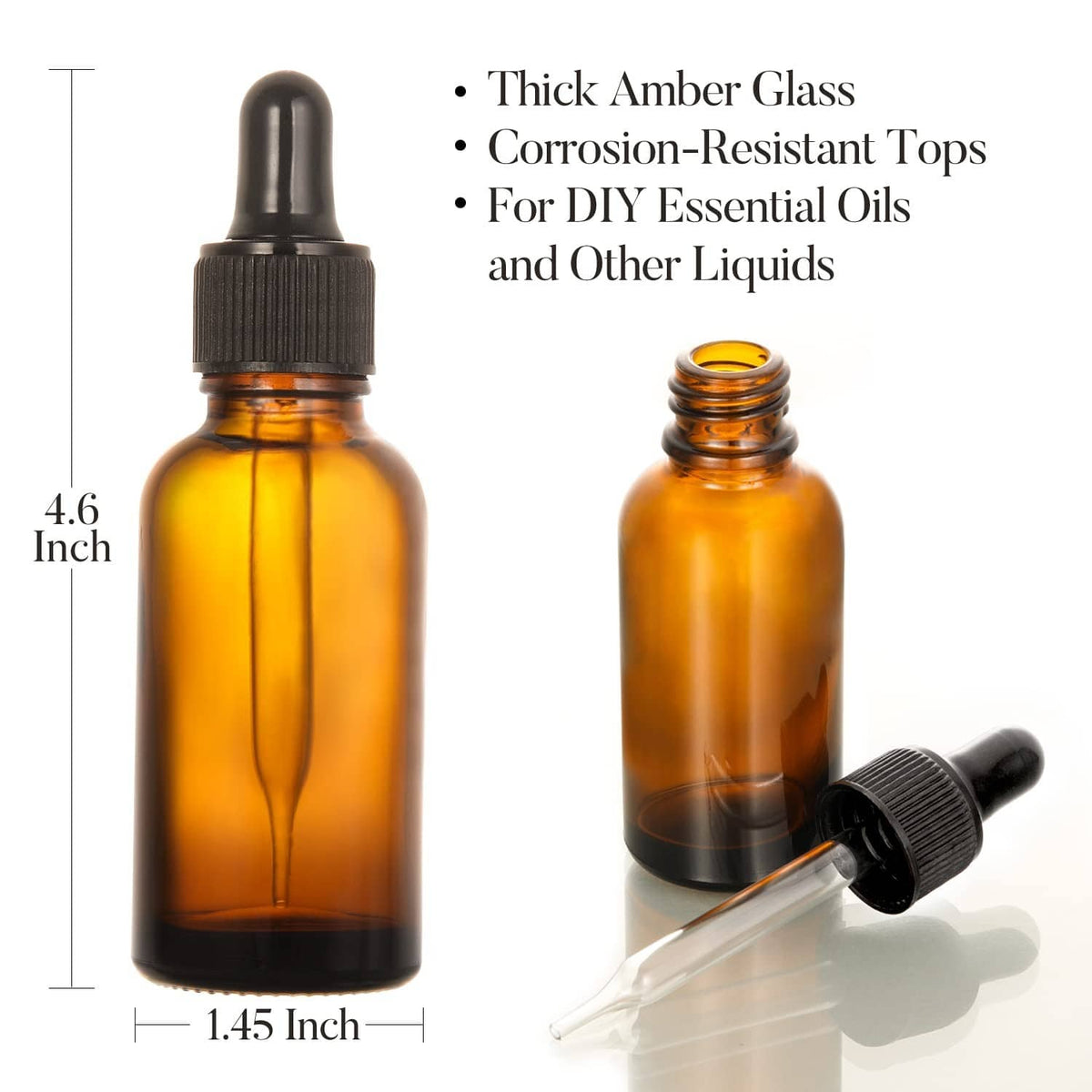 Amber glass 2 oz dropper bottle with black cap; includes clear pipette and size view