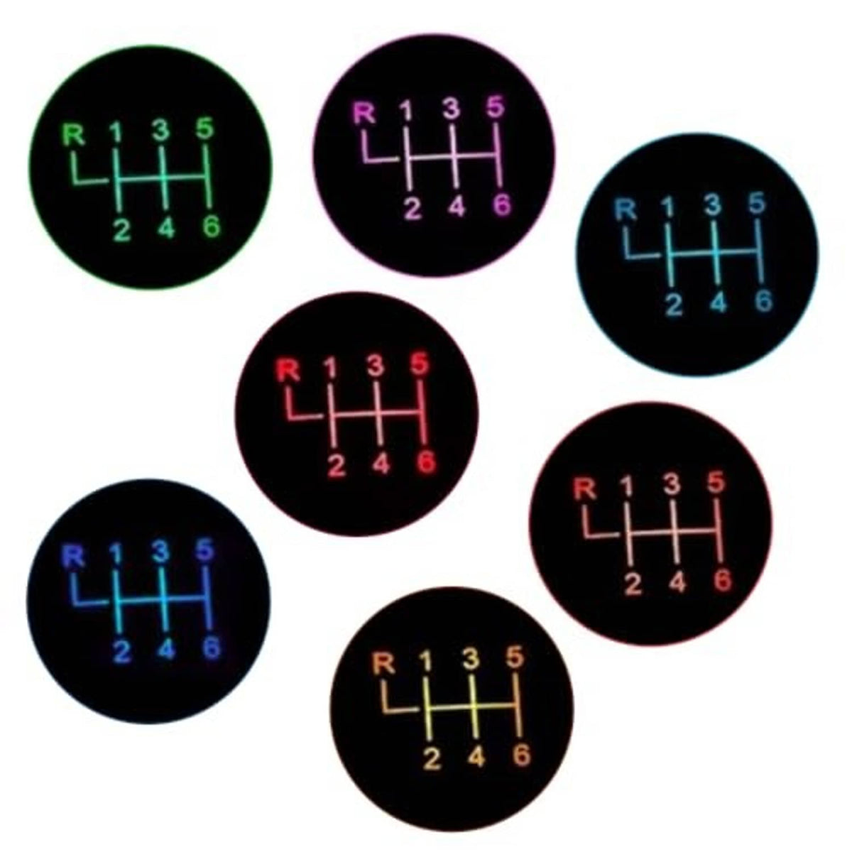 Set of illuminated gear display overlays showing R and 1–6 positions