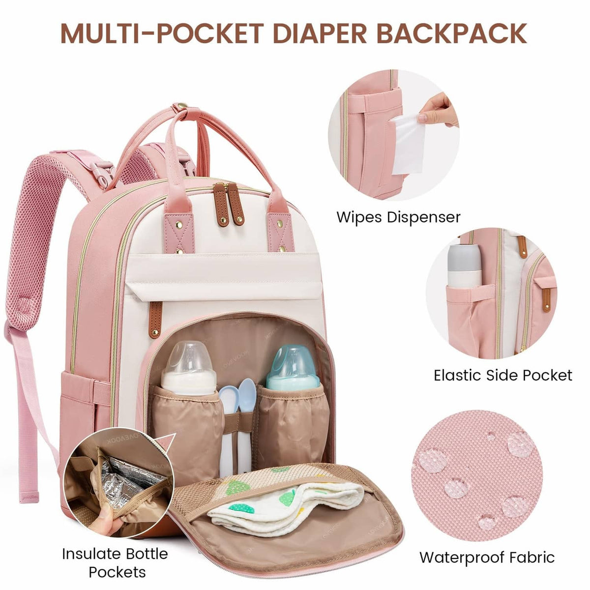 Diaper bag backpack with insulated bottle pocket and wipes dispenser organizer