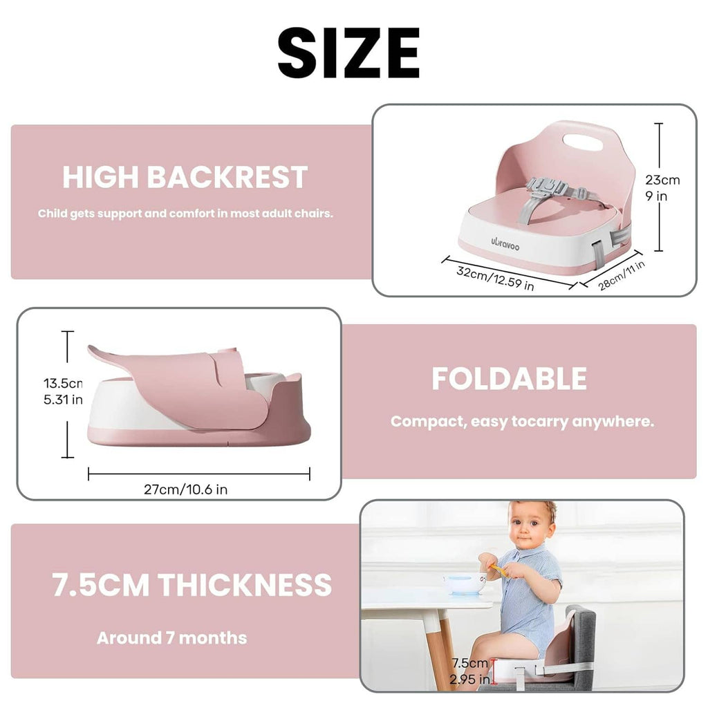 Pink portable high back booster seat with foldable compact form