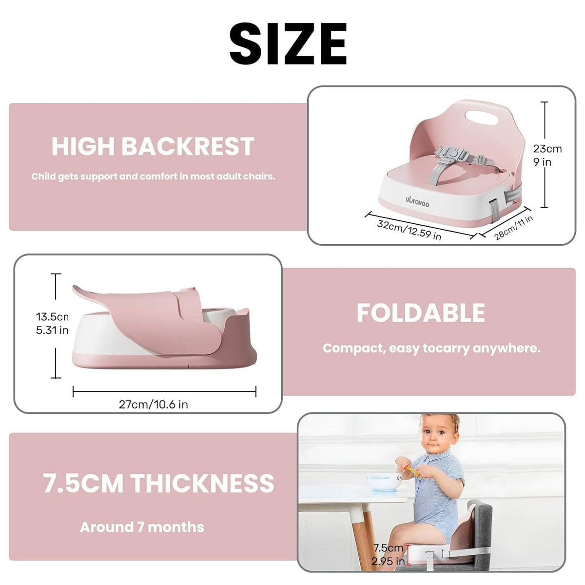 Pink portable high back booster seat with foldable compact form
