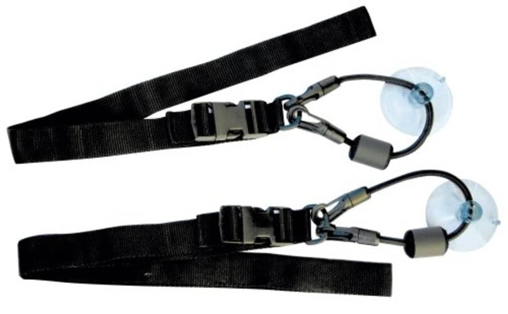 Black tube keeper straps with metal clips and suction-cup ring connectors