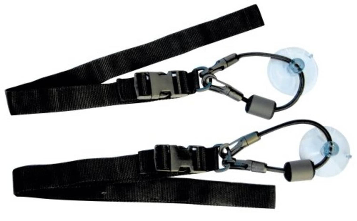 Black tube keeper straps with metal clips and suction-cup ring connectors