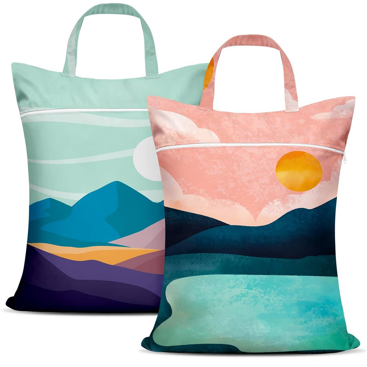 Two landscape print waterproof laundry bags, mint and pink, each with top handle
