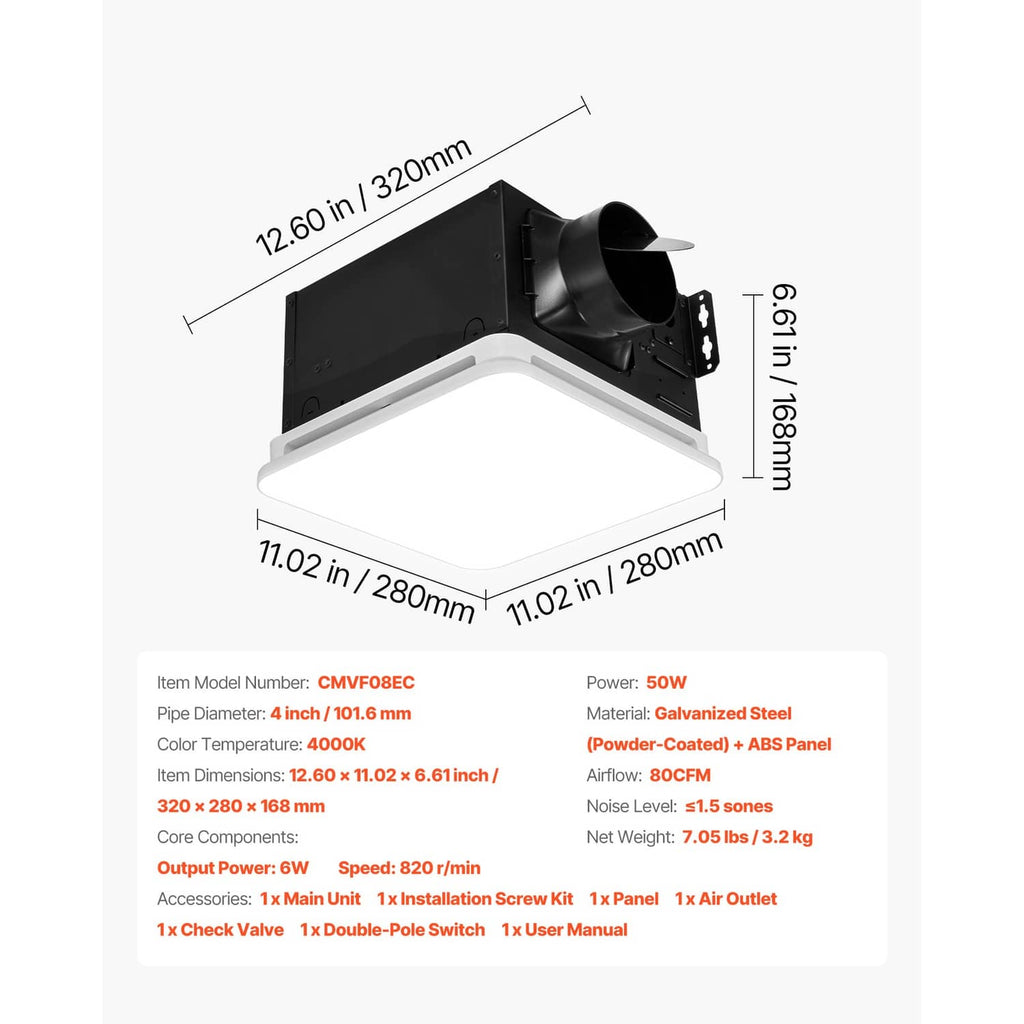 Ceiling ventilation fan dimensions, white LED panel with black duct outlet housing