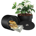 Black planter safe with open side compartment, showing cash and gold coins inside.