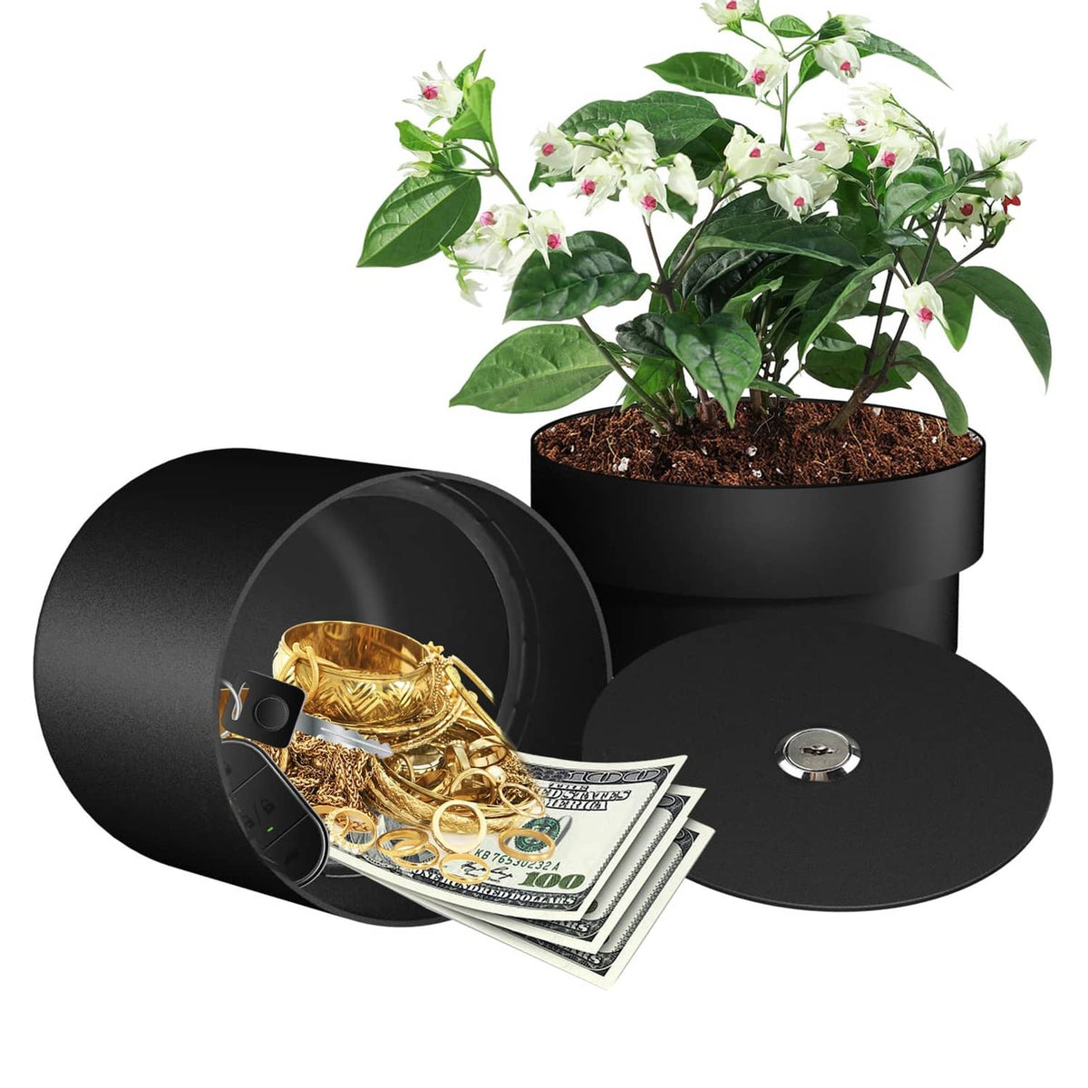 Black planter safe with open side compartment, showing cash and gold coins inside.