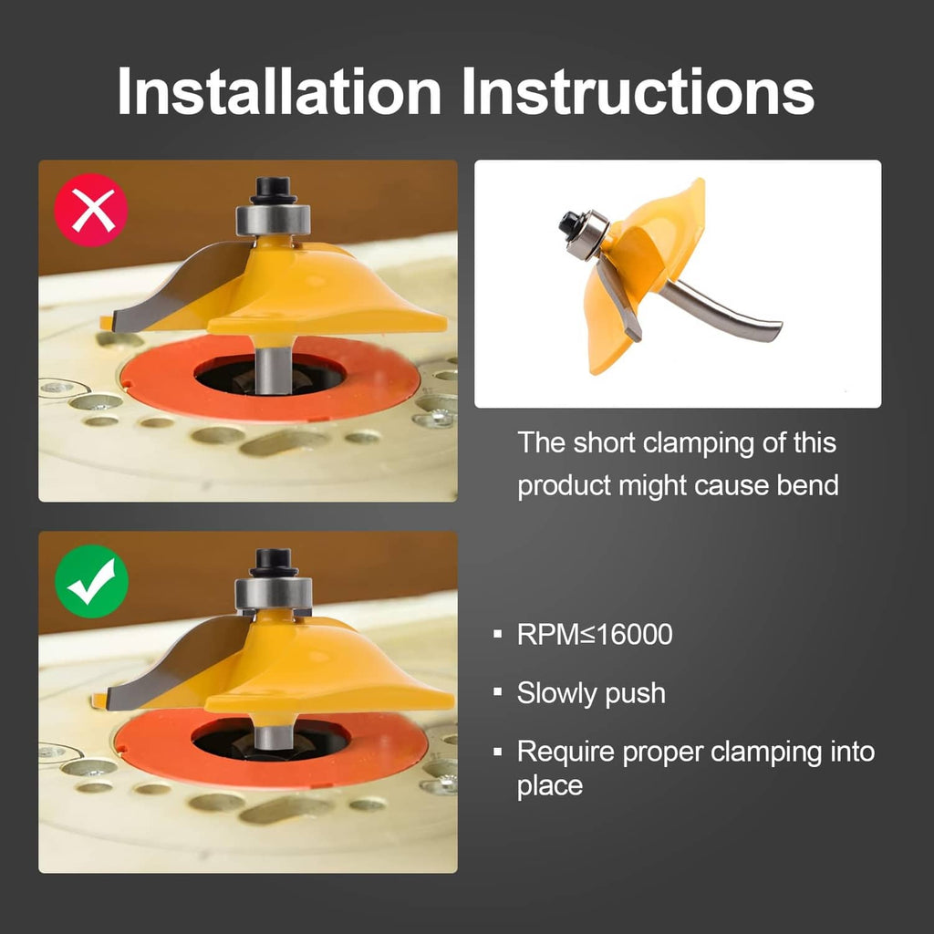 Installation instructions showing router bit with warnings and recommended safe clamping