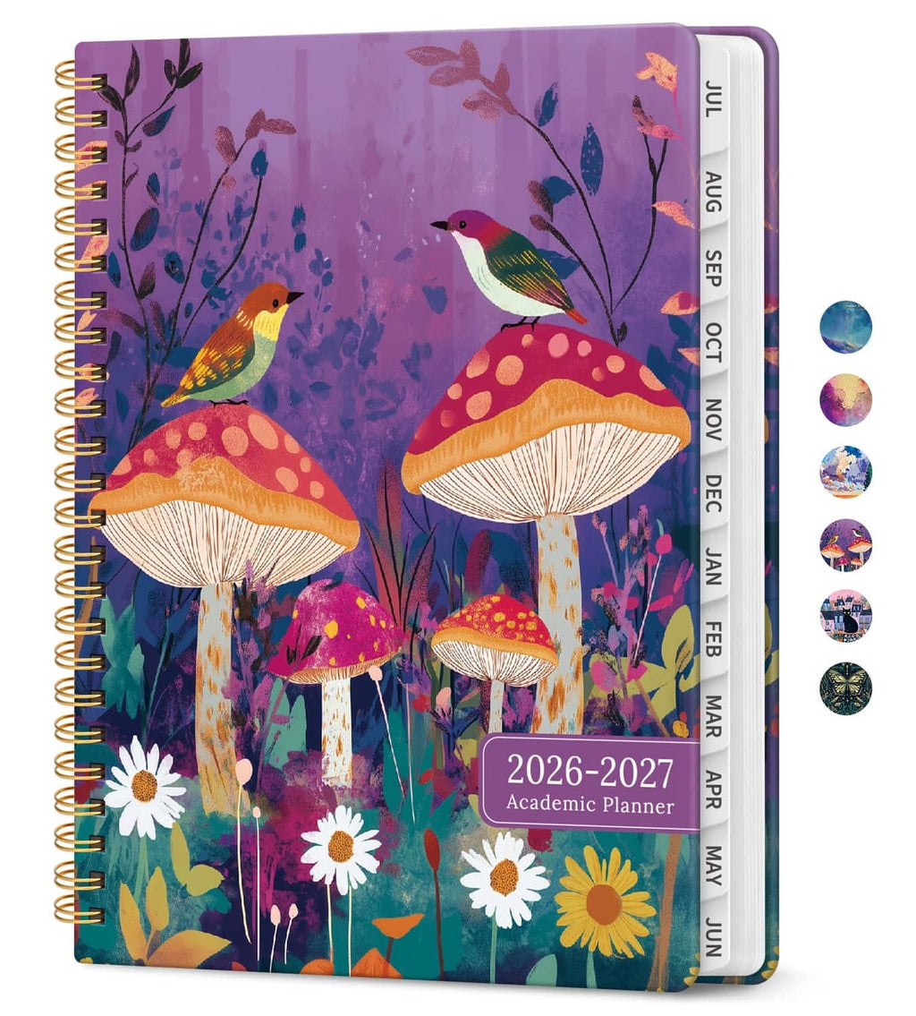 Monthly academic planner with purple bird and mushroom cover, spiral binding, 2026–2027 dates