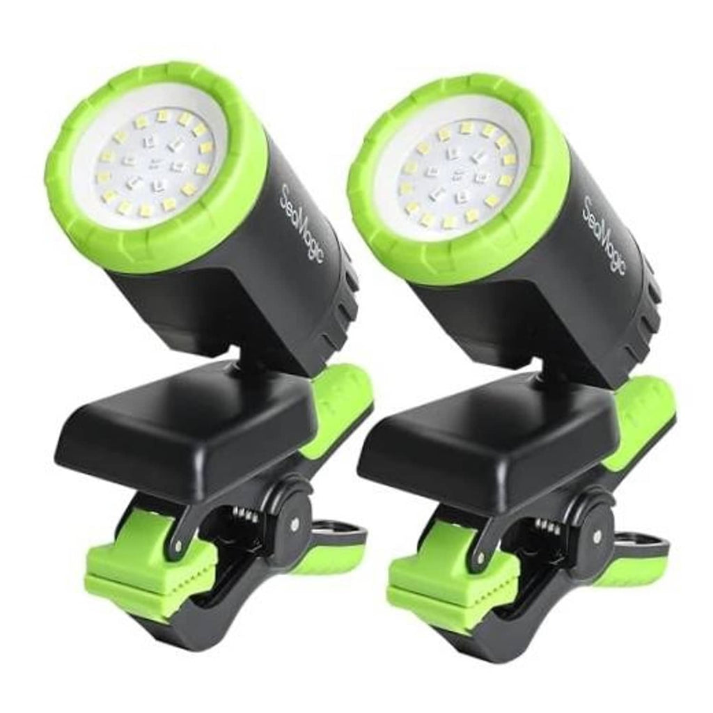Rechargeable LED work light 2-pack with green head, black body, and clamp base