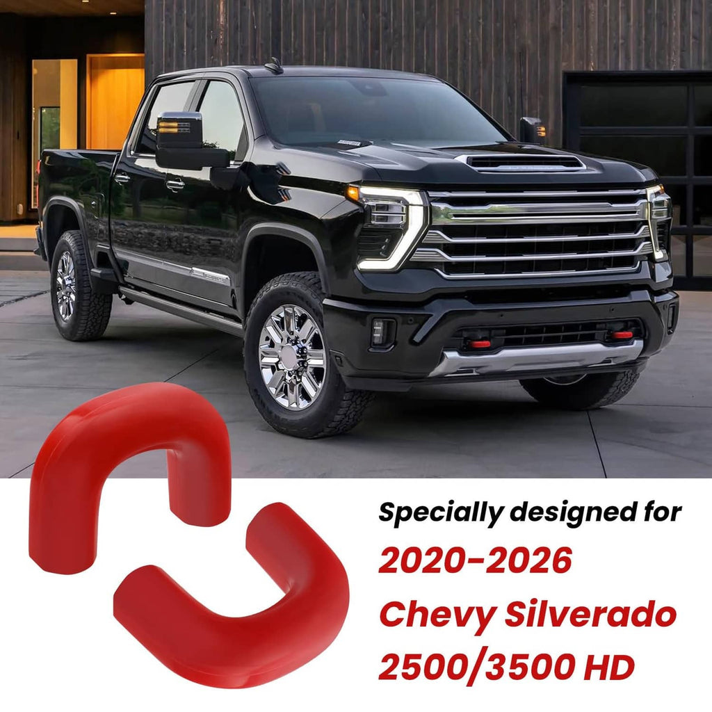 Red tow hook cover pair with front-of-truck compatibility graphic