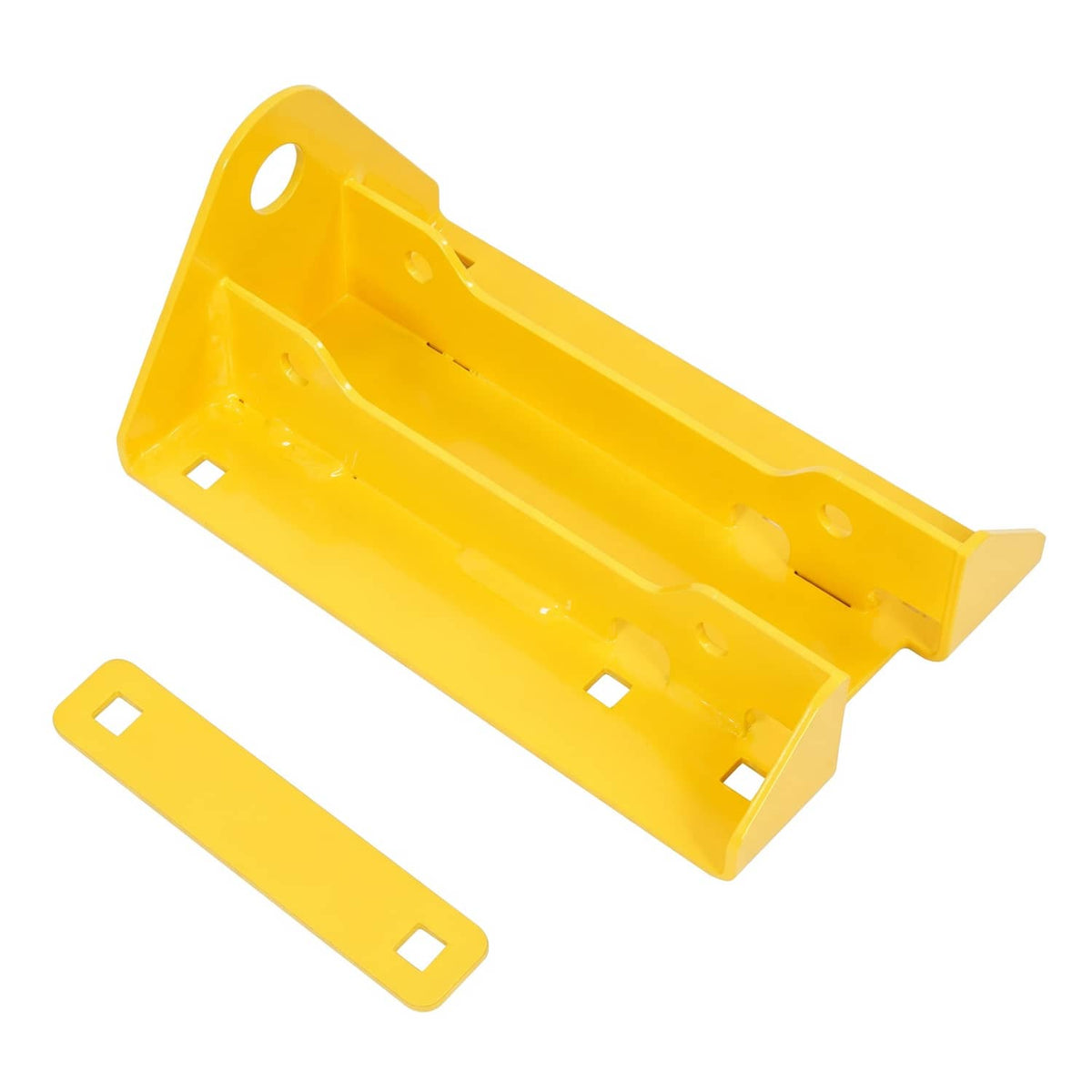 Yellow hitch bracket with circular hole and paired mounting strap