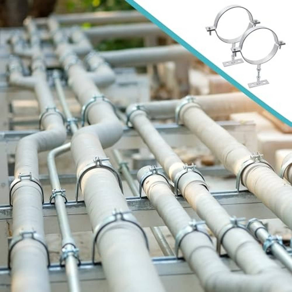 Galvanized split-ring pipe brackets mounted on metal pipe runs with flat bases.