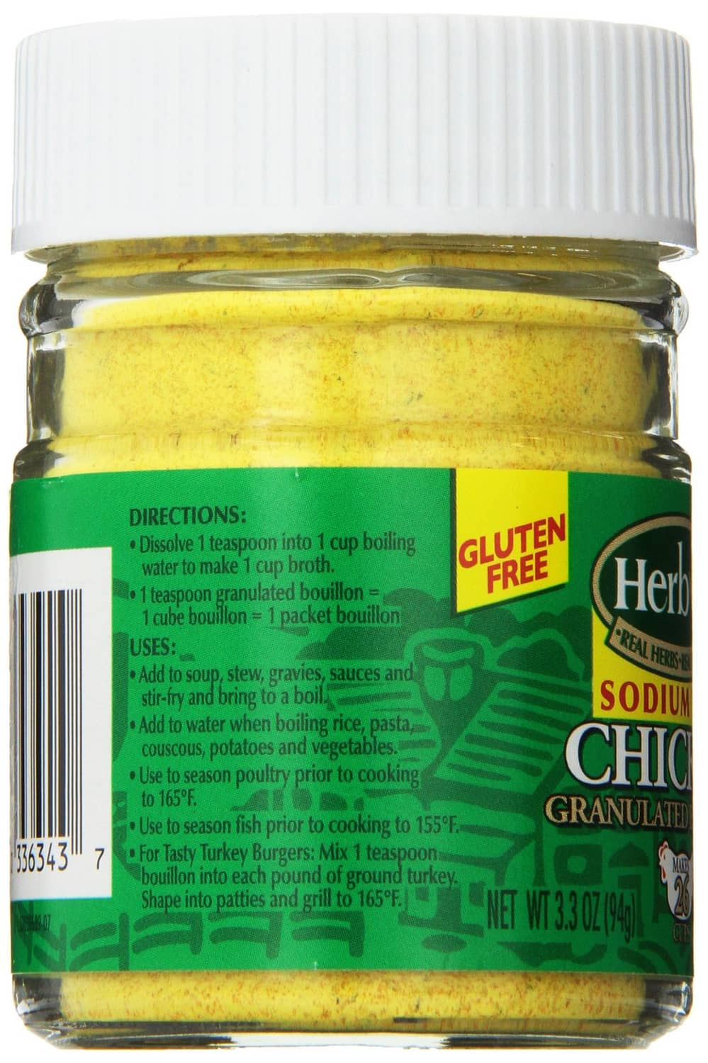Herbox sodium-free chicken granulated bouillon jar with Directions panel