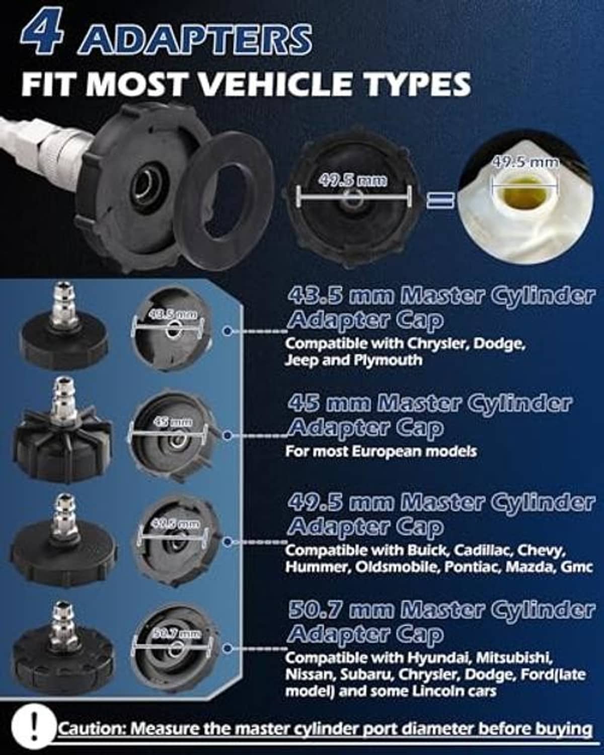 Brake master cylinder adapter caps in multiple sizes for pressure bleeding