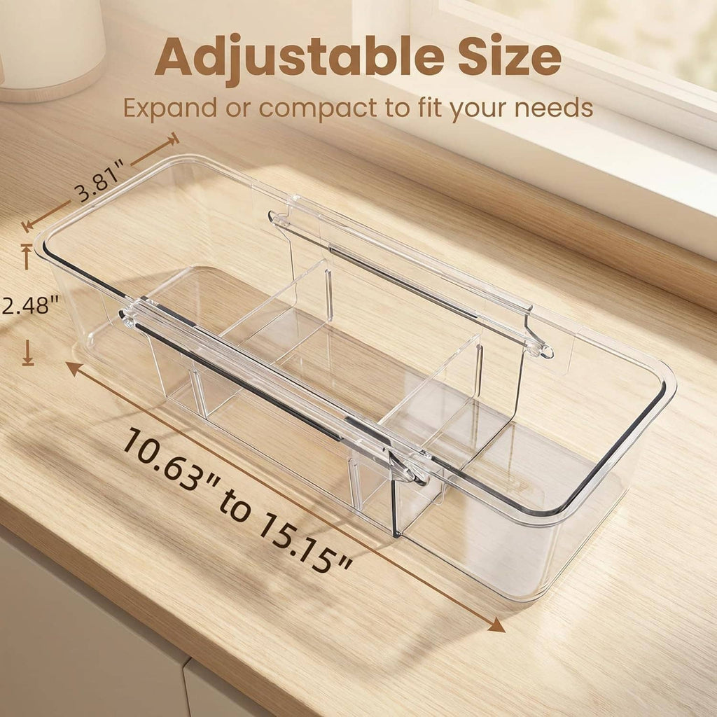 Clear acrylic expandable tea bag organizer tray on tabletop, with adjustable size dividers