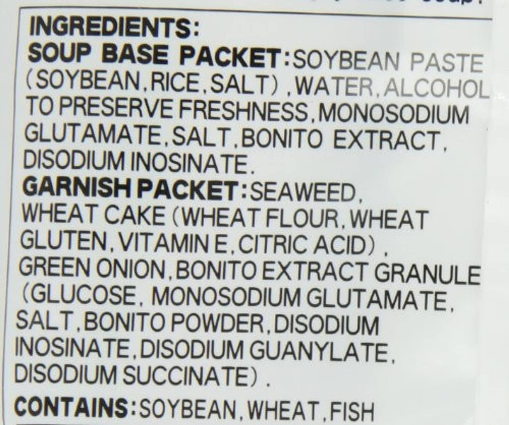 Instant miso soup ingredients list with soybean paste, wheat cake, bonito extract